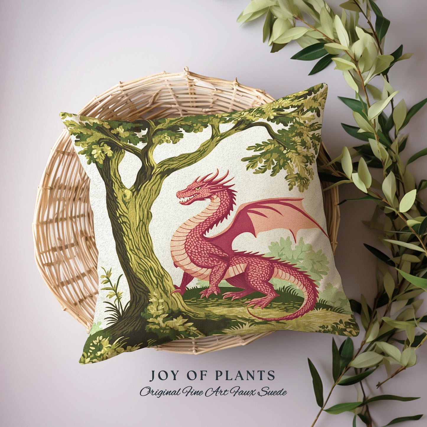 Pastoral Dragon Pillow Light Academia Inspired Woodland Tapestry Cushion | Rustic Folklore Home Decor Cozy Forestcore Medieval Aesthetic Art