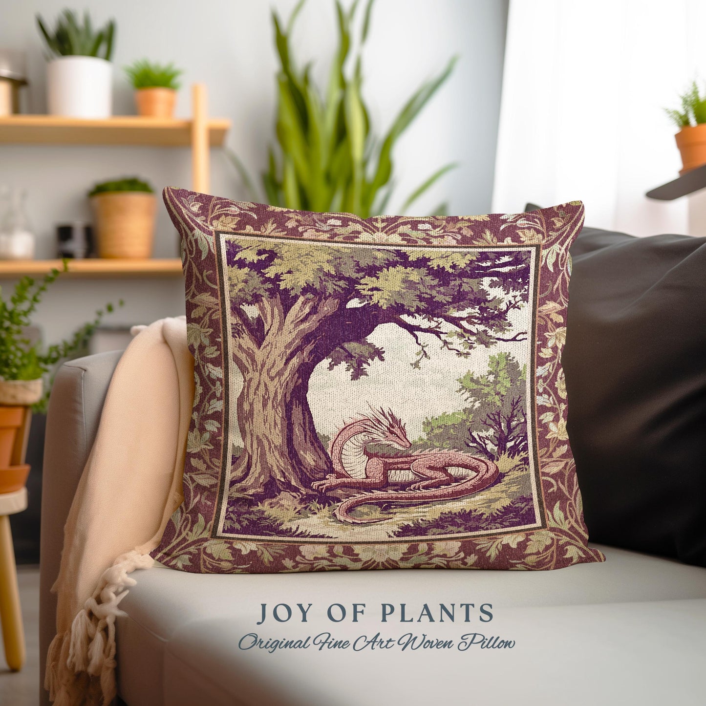 Ethereal Woodland Dragon Pillow Whimsigothic Fantasy Art Nouveau Cushion | Rustic Fairycore Magic Cottagegoth Decor Enchanted Gothic Forest