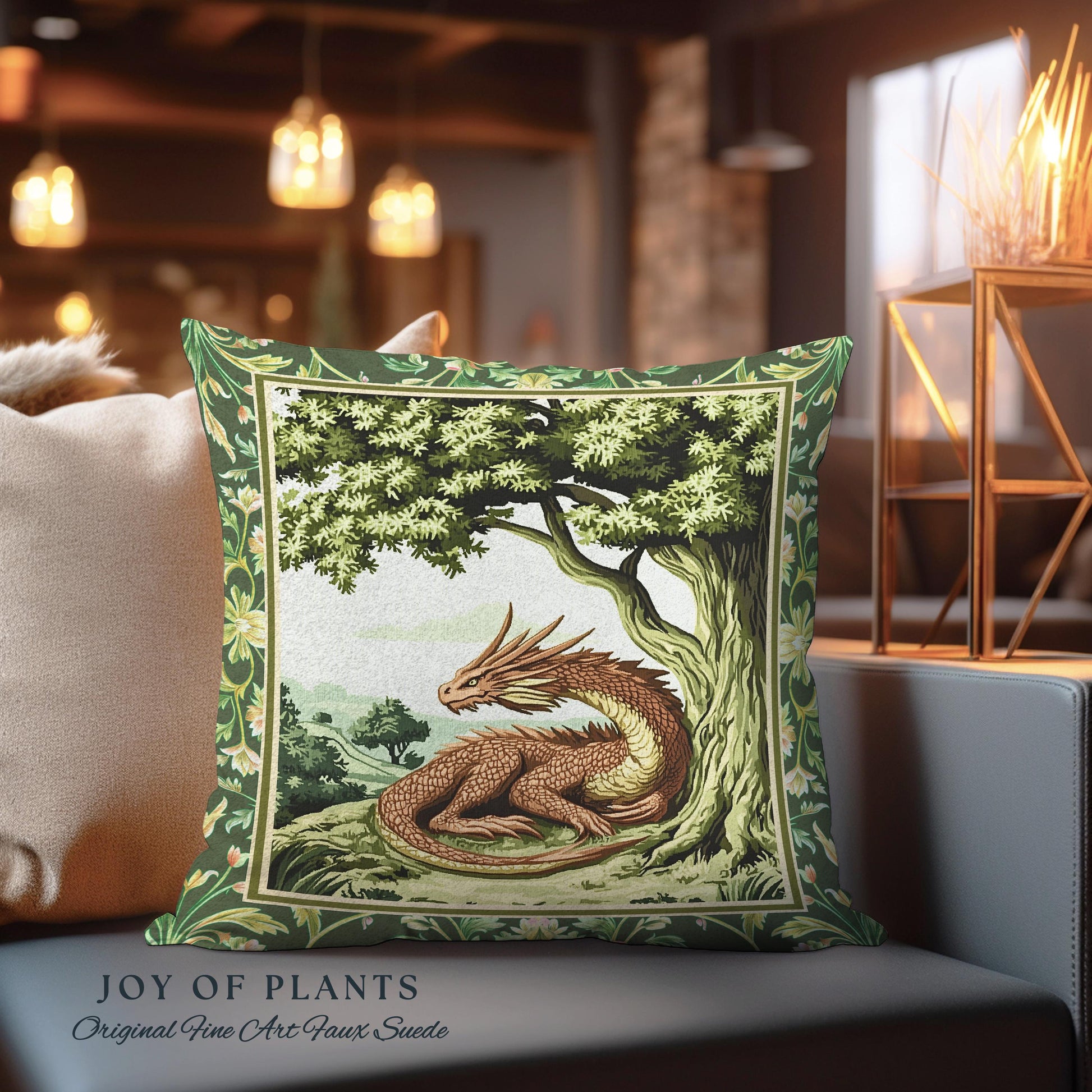 Woodland Dragon Pillow Enchanted Forest Tree Folklore Tapestry Cushion | Mystical Medieval Aesthetic Sage Green Accent Rustic Fantasy Home