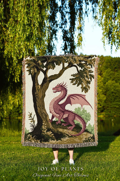 Pastoral Dragon Blanket Light Academia Inspired Woodland Tapestry Throw | Rustic Folklore Home Decor Cozy Forestcore Medieval Aesthetic Art