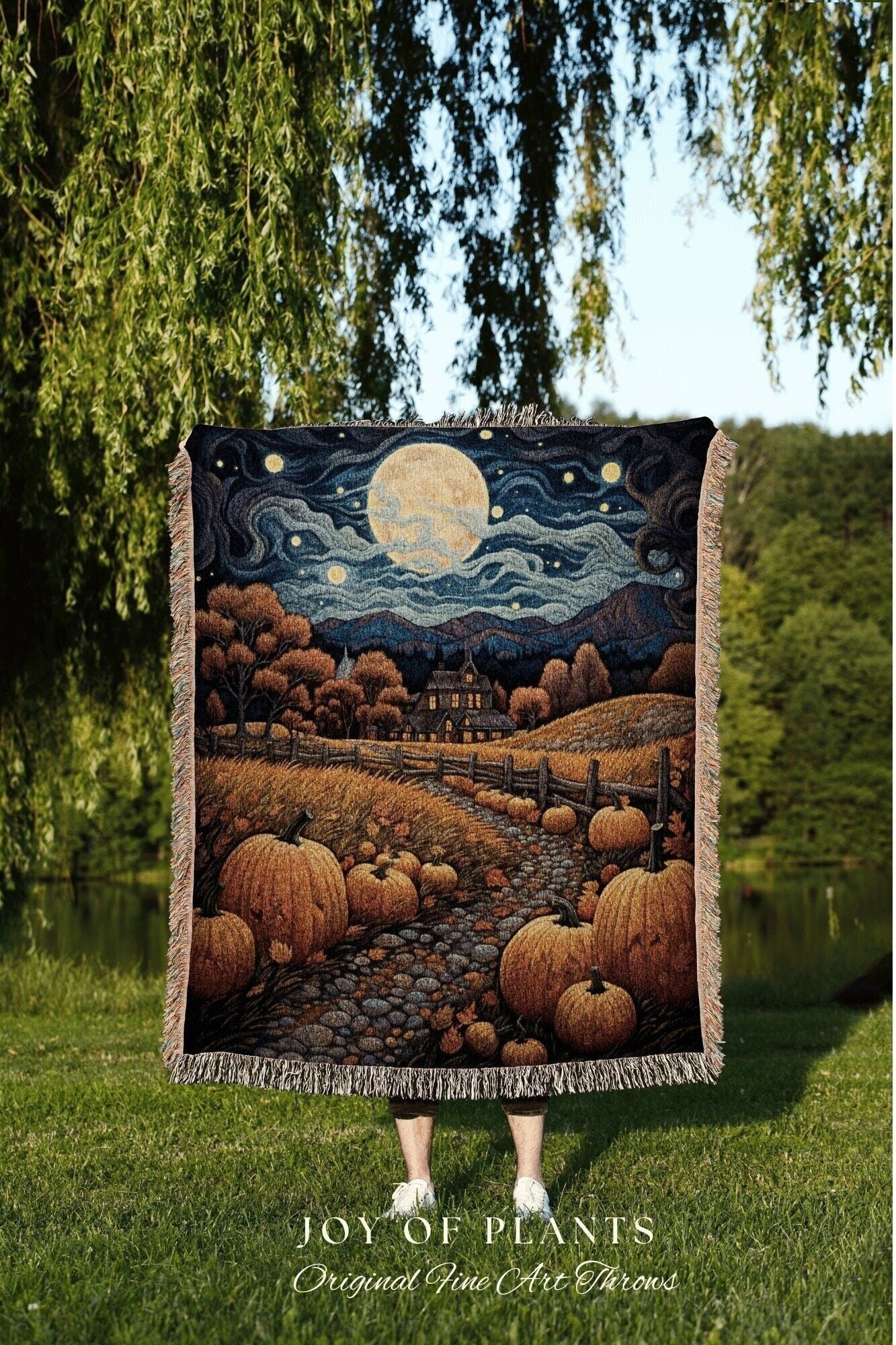 Harvest Moon Fall Landscape Vintage Halloween Tapestry Blanket Woven | Fall Aesthetic Decor Throw Blanket Woven Wall Art Halloween Decor |