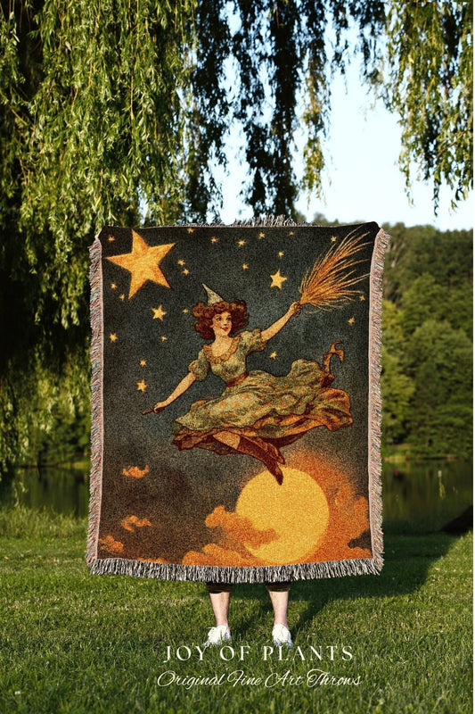 Vintage Witch Art Halloween Decor Tapestry Woven Throw Blanket | Retro Halloween Decor Blanket Dark Academia Bedroom Midcentury Halloween |