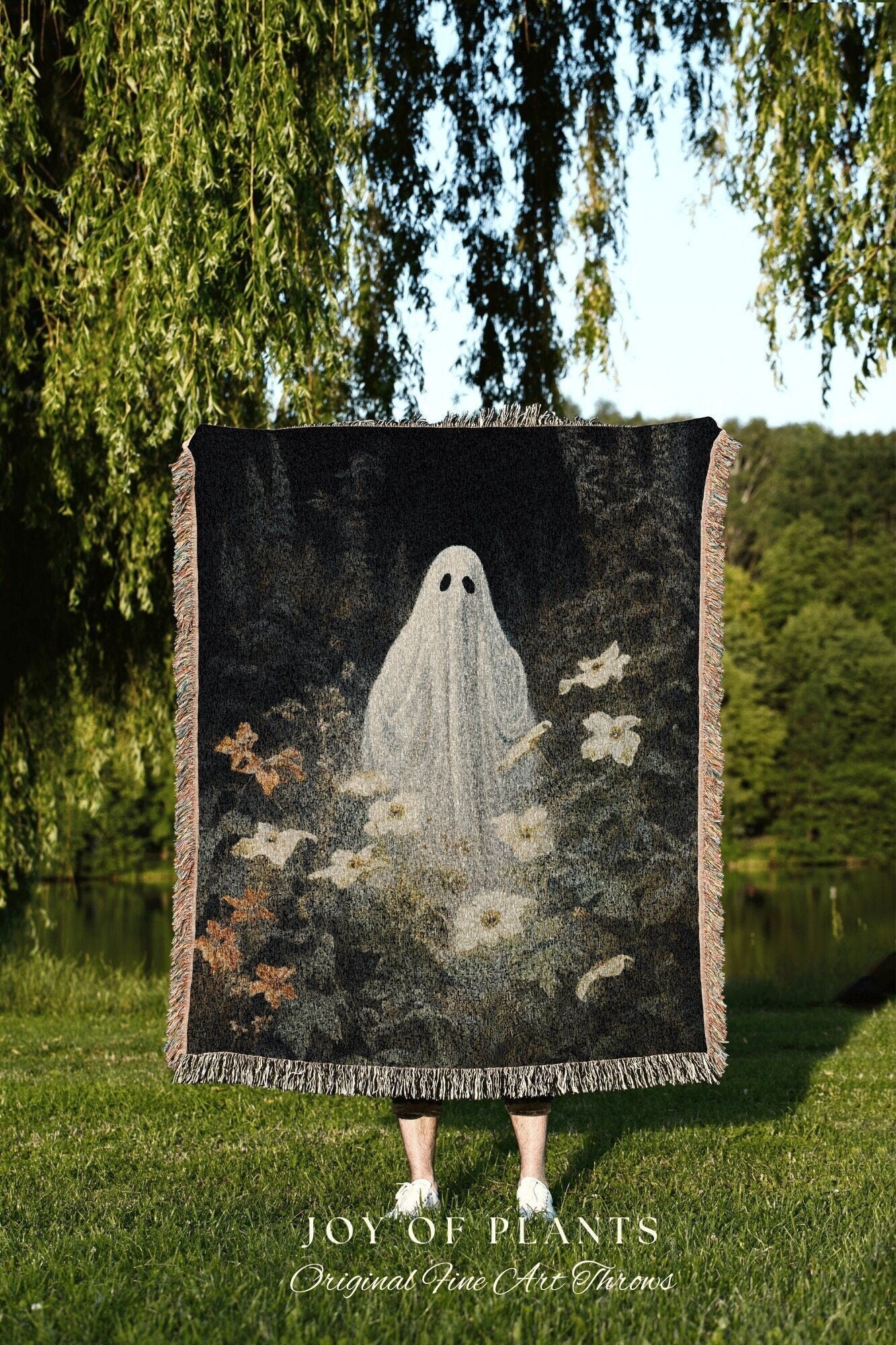 Dark Floral Ghost Blanket Woven Throw | Macabre Wall Art Plant Lovers Decor Spooky Ghost Tapestry Gift for Goth Dark Cottagecore Home Decor