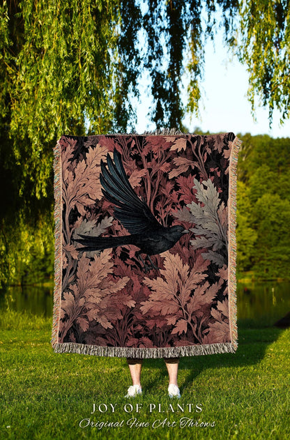 Autumn Raven Throw Blanket Mystic Crowcore Decor | Dark Cottagecore Black Bird Tapestry Gothic Forest Aesthetic Whimsigoth Fall Home Accent