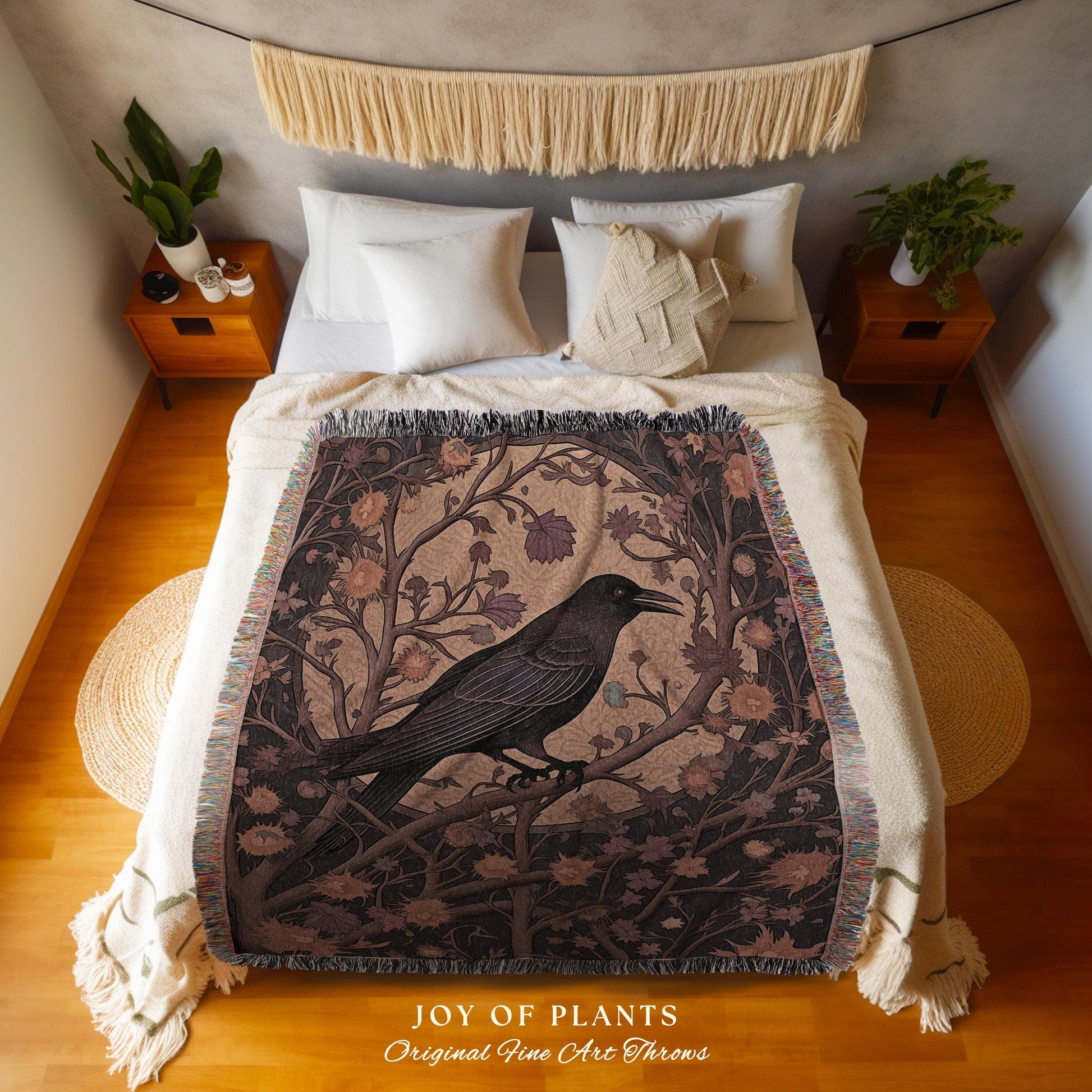 Gothic Raven Throw Mystical Fall Forest Decor | Whimsigoth Crowcore Aesthetic Enchanted Cottagecore Tapestry Blanket Vintage Folklore Art