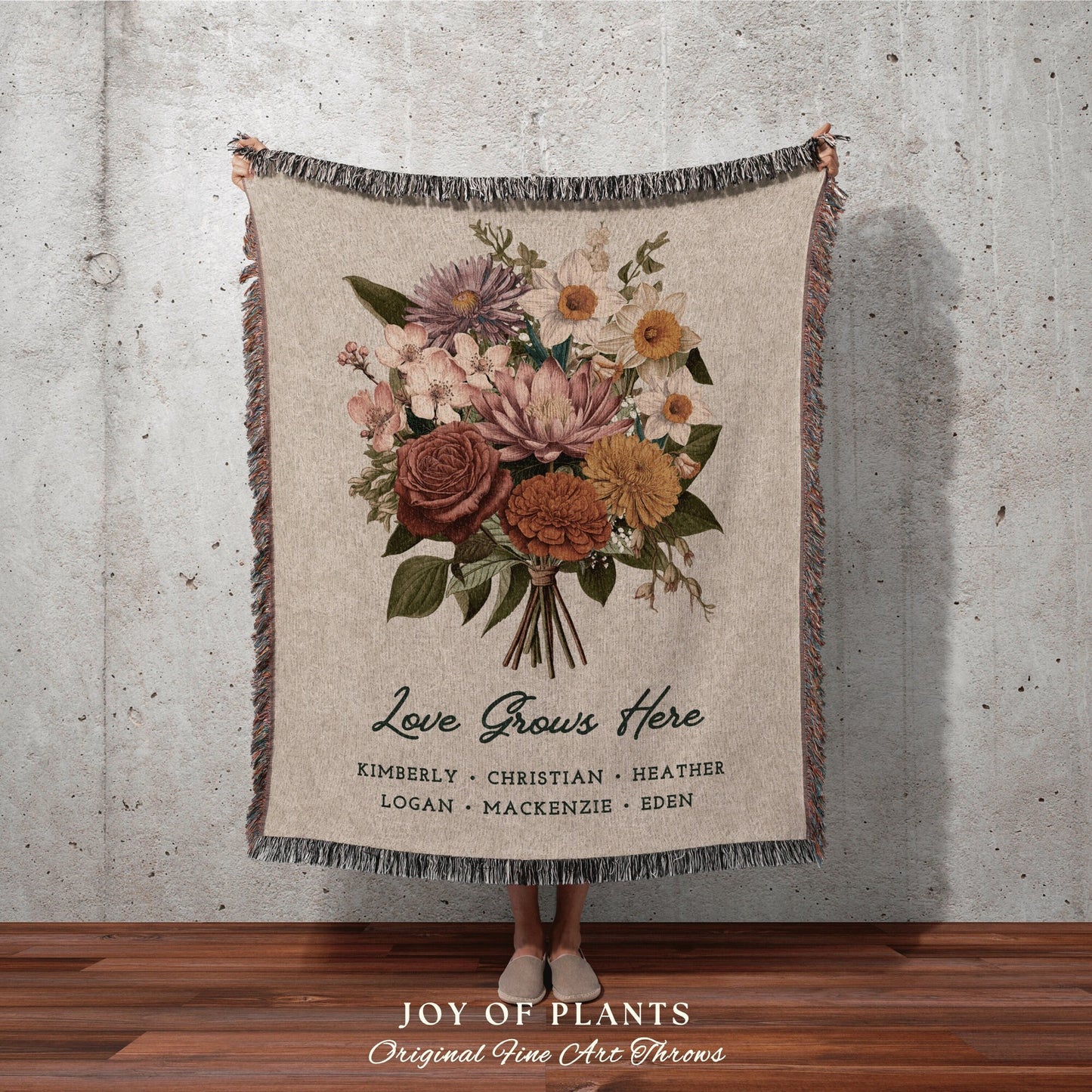 Custom Family Birth Month Flower Bouquet Woven Throw Blanket | Birth Month Flower Custom Woven Blanket | Personalized Birth Flower Blanket |