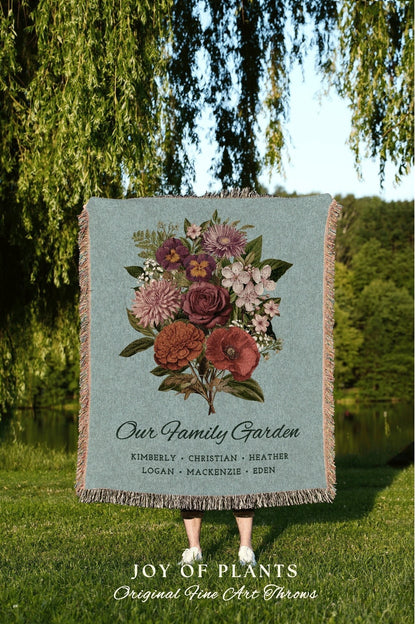 Nana's Garden Birth Flower Bouquet Gift for Grandparents Custom Family Name Blanket Personalized Grandmas Garden Floral Woven Throw Blanket