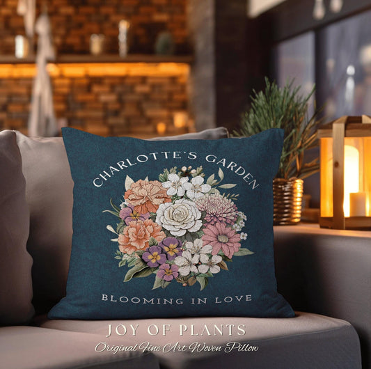 Navy Blue Family Birth Flower Pillow | Custom Birth Month Flower Bouquet for Mom and Grandma Garden Birthflower Pillow Personalized Bouquet