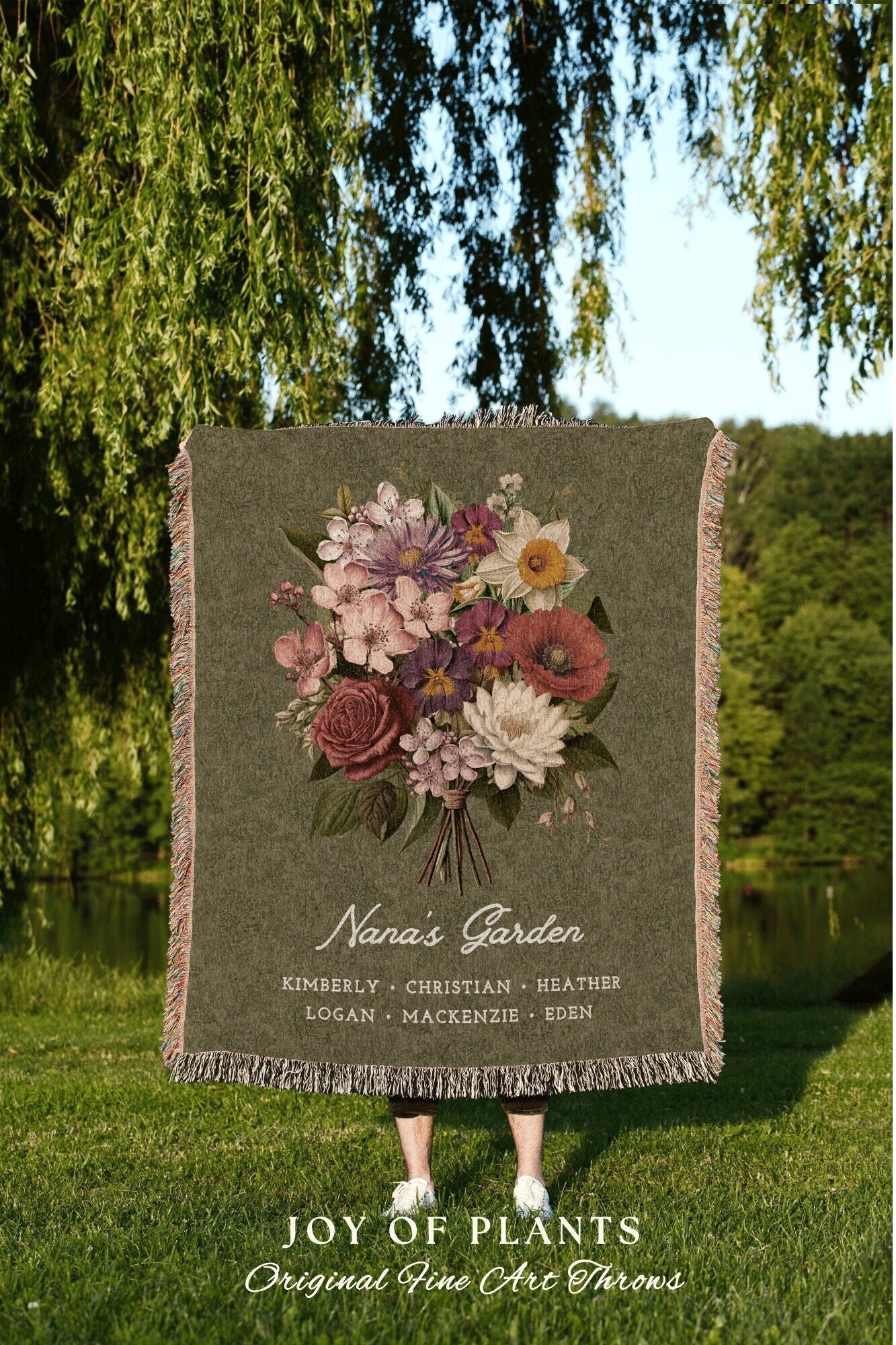 Custom Birth Flower Grandmas Garden Blanket Personalized Family Names Gift Mimi's Garden Birth Month Flower Custom Bouquet Blanket Woven