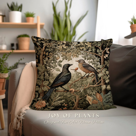 Cottagecore Bird Throw Pillow | William Morris Inspired Pillow Woodland Forestcore Decor Pillow Maximalist Home Decor Crowcore Pillow Woven