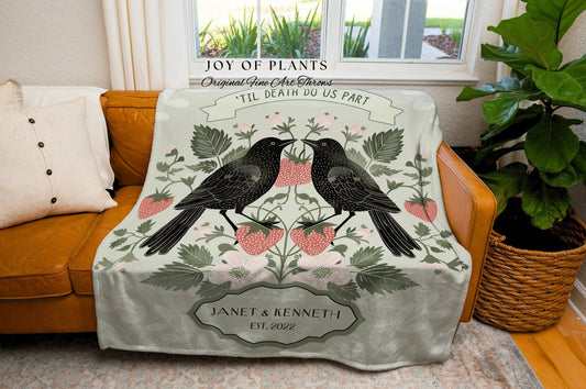 Scandinavian Custom Couple Blanket | Strawberry Aesthetic Woven Throw Custom Dating Anniversary 'Til Death do us Part' Raven Tapestry Gift |