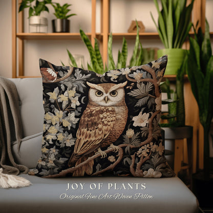 Morris Owl Woven Throw Pillow | William Morris Inspired Throw Pillow Woodland Forestcore Decor Pillow Maximalist Home Decor Throw Pillow Owl