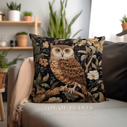 Owl Throw Pillow Woven | William Morris Inspired Pillow Woodland Forestcore Decor Pillow Maximalist Home Decor Throw Pillow Owl Botanical |