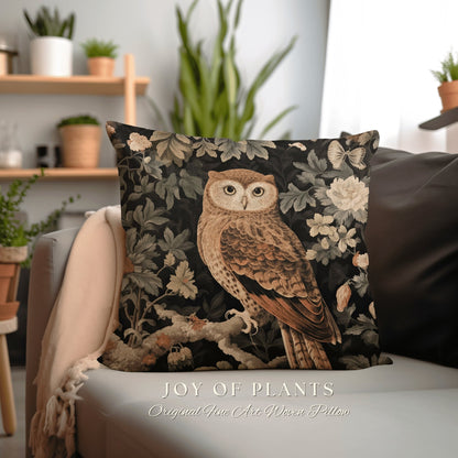 Dark Botanical Owl Throw Pillow | William Morris Throw Pillow Woven Woodland Forestcore Decor Pillow Maximalist Home Decor Throw Pillow Owl