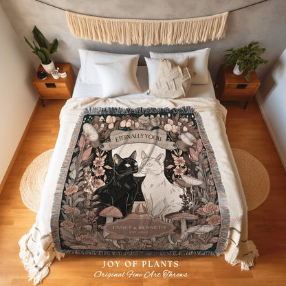 Peachy Woodland Cat Lovers Blanket | Dark Cottagecore Mushroom Aesthetic Woven Throw Personalized Cotton Anniversary Tapestry for Cat Lover