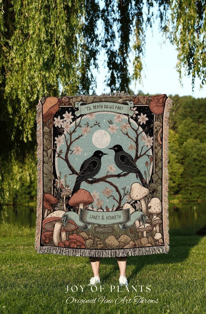 Boho Floral Couples Blanket | Anniversary Gift Custom Tapestry Crow Core Blanket Woodland Wedding Crowcore Decor Unique Couple Blanket Goth