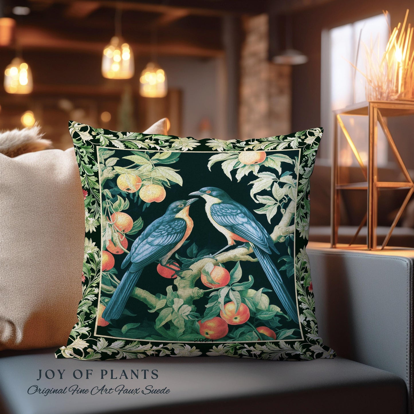 Victorian Gothic Woodland Bird Botanical Pillow | Dark Cottagecore Crowcore Raven Dark Academia Tapestry Cushion Love Bird Gift Forestcore