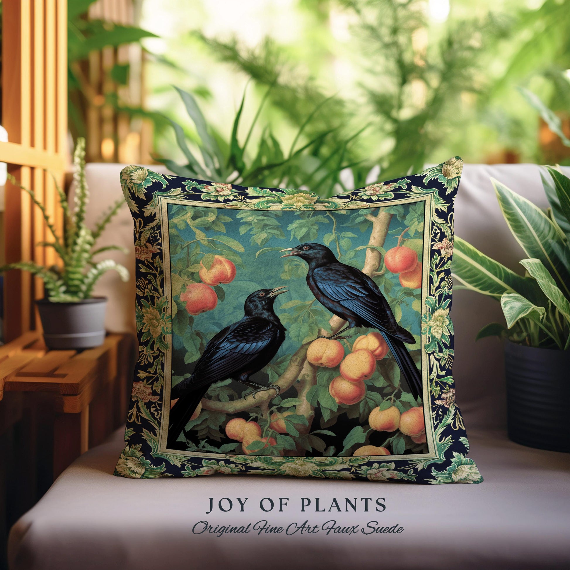 Dark Botanical Black Raven Pillow Gothic Forestcore Home Decor | Dark Academia Crowcore Decor Whimsigoth Aesthetic Bird Art Tapestry Cushion