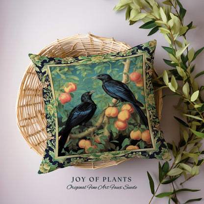 Dark Botanical Black Raven Pillow Gothic Forestcore Home Decor | Dark Academia Crowcore Decor Whimsigoth Aesthetic Bird Art Tapestry Cushion