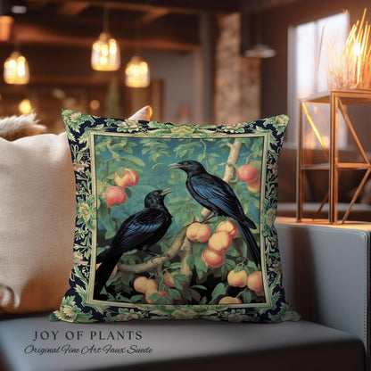 Dark Botanical Black Raven Pillow Gothic Forestcore Home Decor | Dark Academia Crowcore Decor Whimsigoth Aesthetic Bird Art Tapestry Cushion