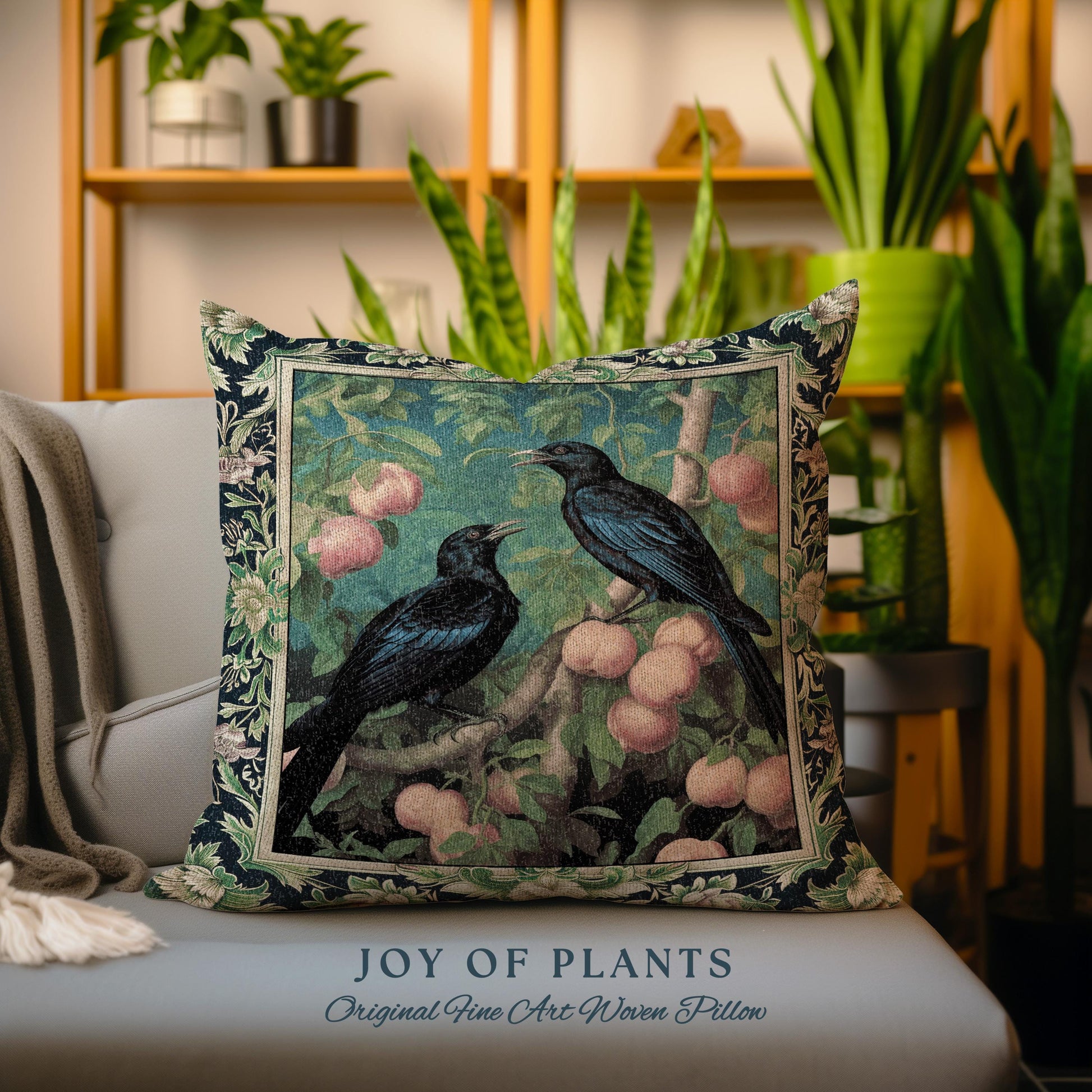 Dark Botanical Black Raven Pillow Gothic Forestcore Home Decor | Dark Academia Crowcore Decor Whimsigoth Aesthetic Bird Art Tapestry Cushion