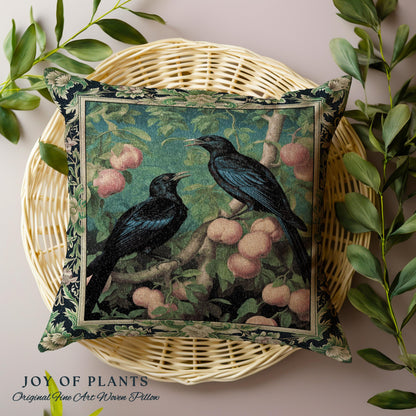 Dark Botanical Black Raven Pillow Gothic Forestcore Home Decor | Dark Academia Crowcore Decor Whimsigoth Aesthetic Bird Art Tapestry Cushion