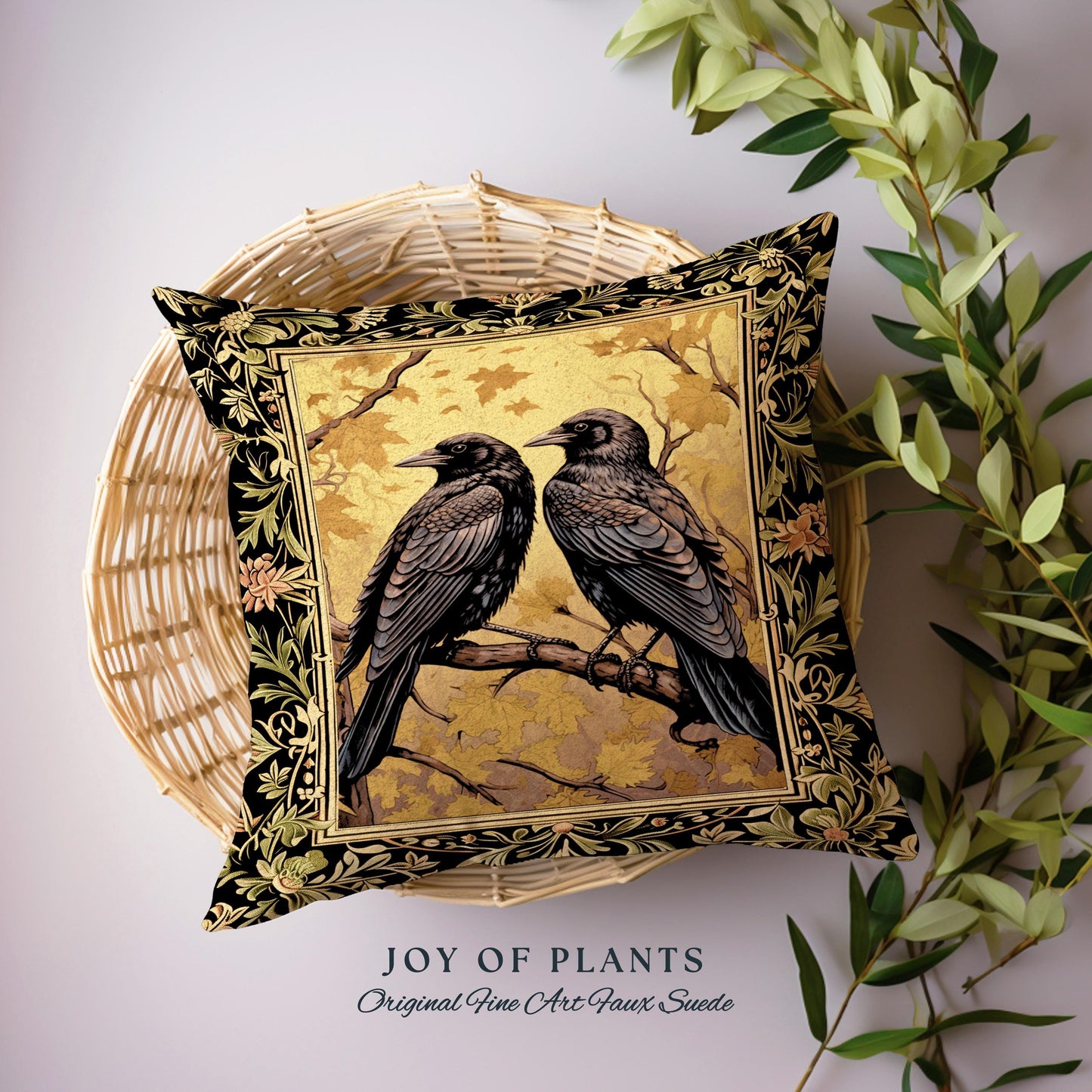 Crow Tapestry Woven Cushion Gothic Black Raven Art Whimsical Witchy Forestcore | Vintage Crowcore Aesthetic Woodland Gothic Bird Pillow