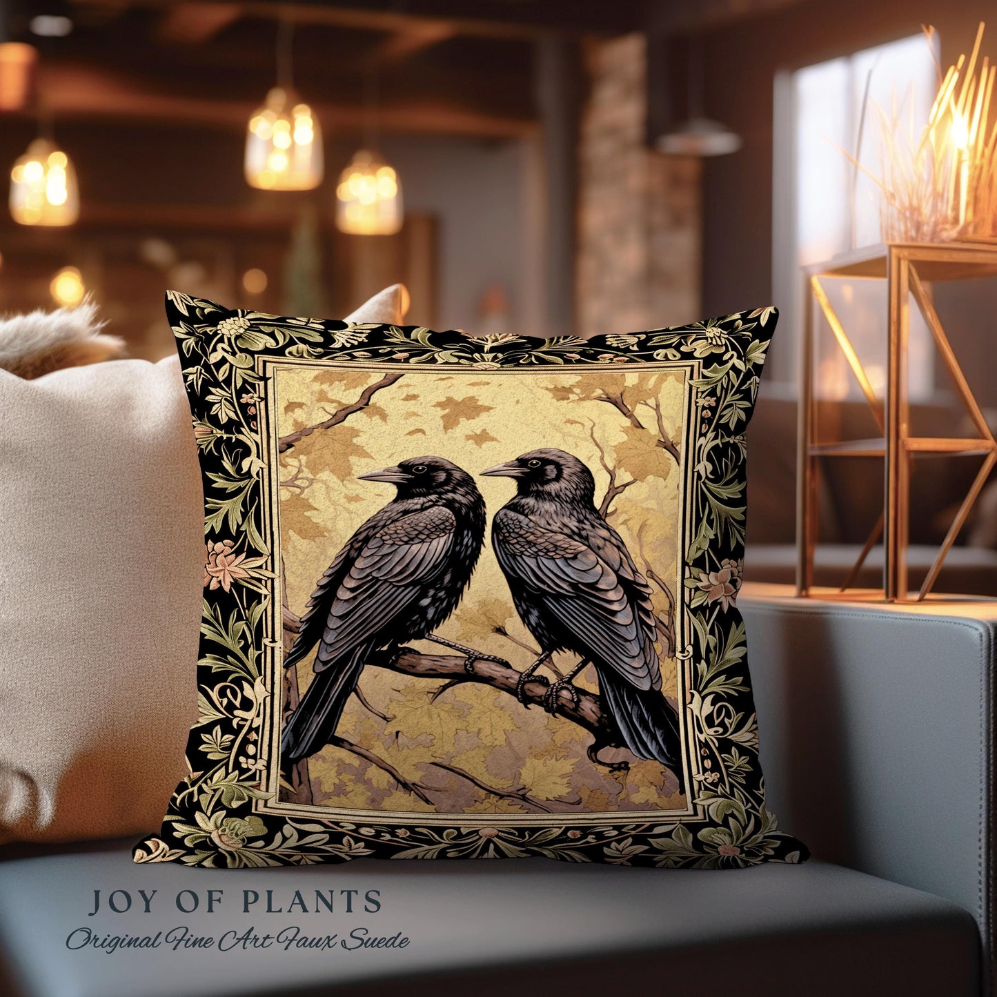 Crow Tapestry Woven Cushion Gothic Black Raven Art Whimsical Witchy Forestcore | Vintage Crowcore Aesthetic Woodland Gothic Bird Pillow