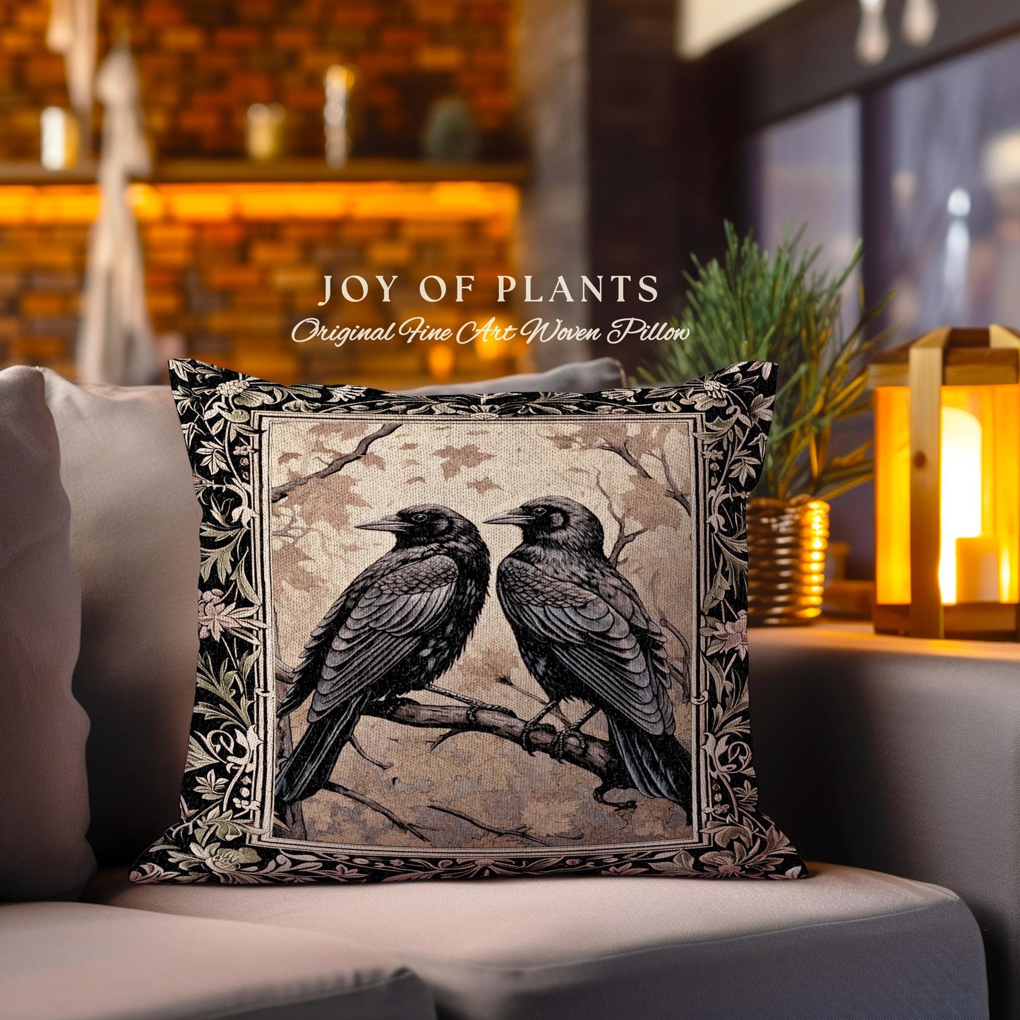 Crow Tapestry Woven Cushion Gothic Black Raven Art Whimsical Witchy Forestcore | Vintage Crowcore Aesthetic Woodland Gothic Bird Pillow