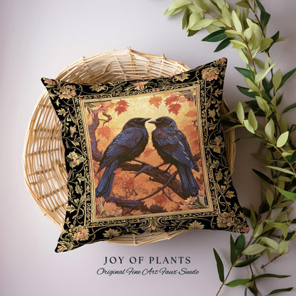 Raven Lover Birds Pillow Woodland Gothic Woven Tapestry Cushion Whimsigothic Decor | Crowcore Witchy Cottagecore Crow Art Home Decor Gifts