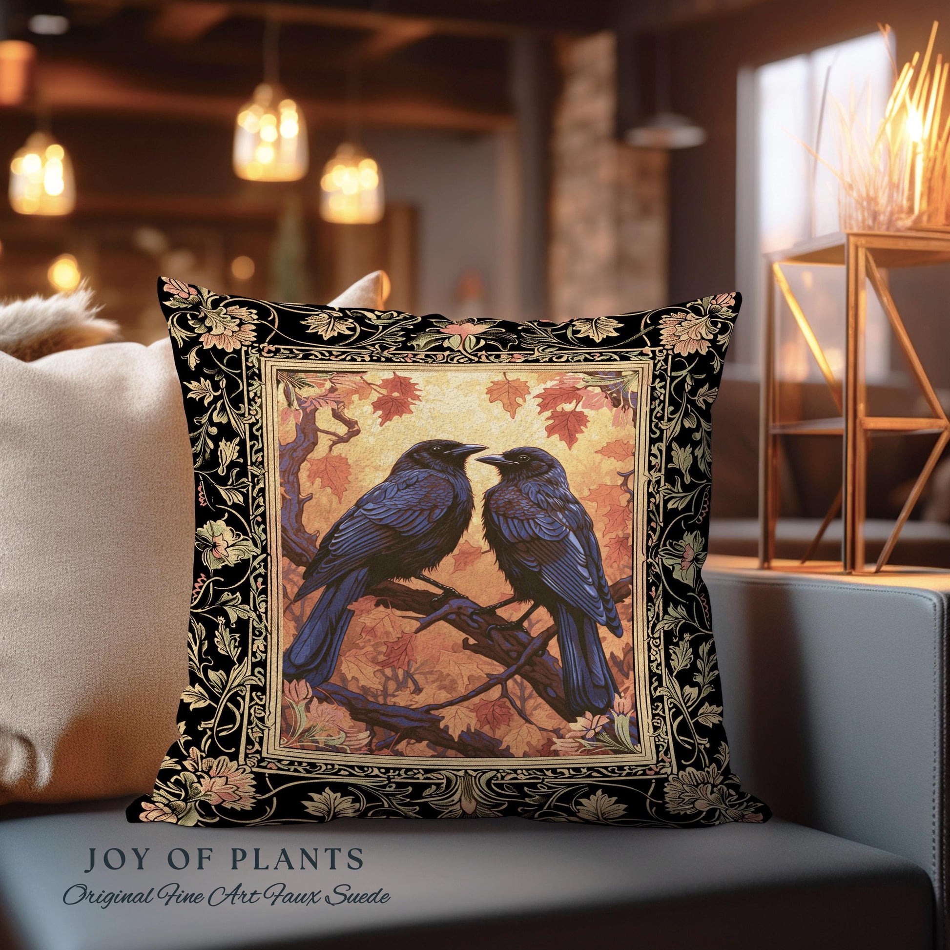 Raven Lover Birds Pillow Woodland Gothic Woven Tapestry Cushion Whimsigothic Decor | Crowcore Witchy Cottagecore Crow Art Home Decor Gifts