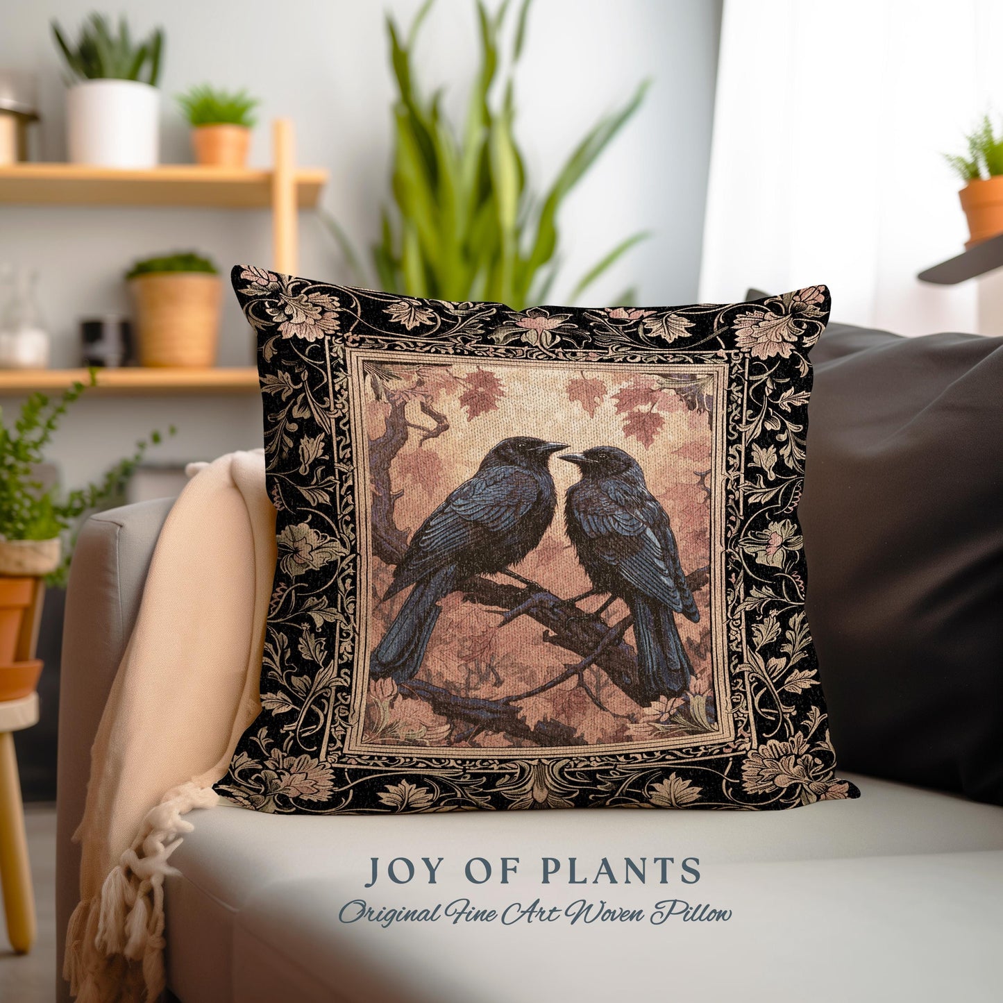 Raven Lover Birds Pillow Woodland Gothic Woven Tapestry Cushion Whimsigothic Decor | Crowcore Witchy Cottagecore Crow Art Home Decor Gifts