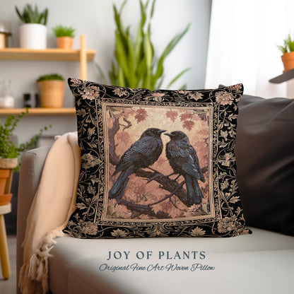 Raven Lover Birds Pillow Woodland Gothic Woven Tapestry Cushion Whimsigothic Decor | Crowcore Witchy Cottagecore Crow Art Home Decor Gifts