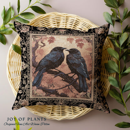 Raven Lover Birds Pillow Woodland Gothic Woven Tapestry Cushion Whimsigothic Decor | Crowcore Witchy Cottagecore Crow Art Home Decor Gifts