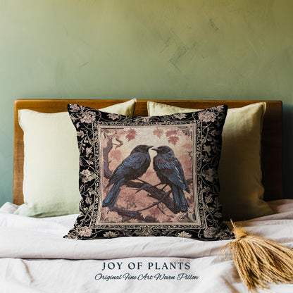 Raven Lover Birds Pillow Woodland Gothic Woven Tapestry Cushion Whimsigothic Decor | Crowcore Witchy Cottagecore Crow Art Home Decor Gifts