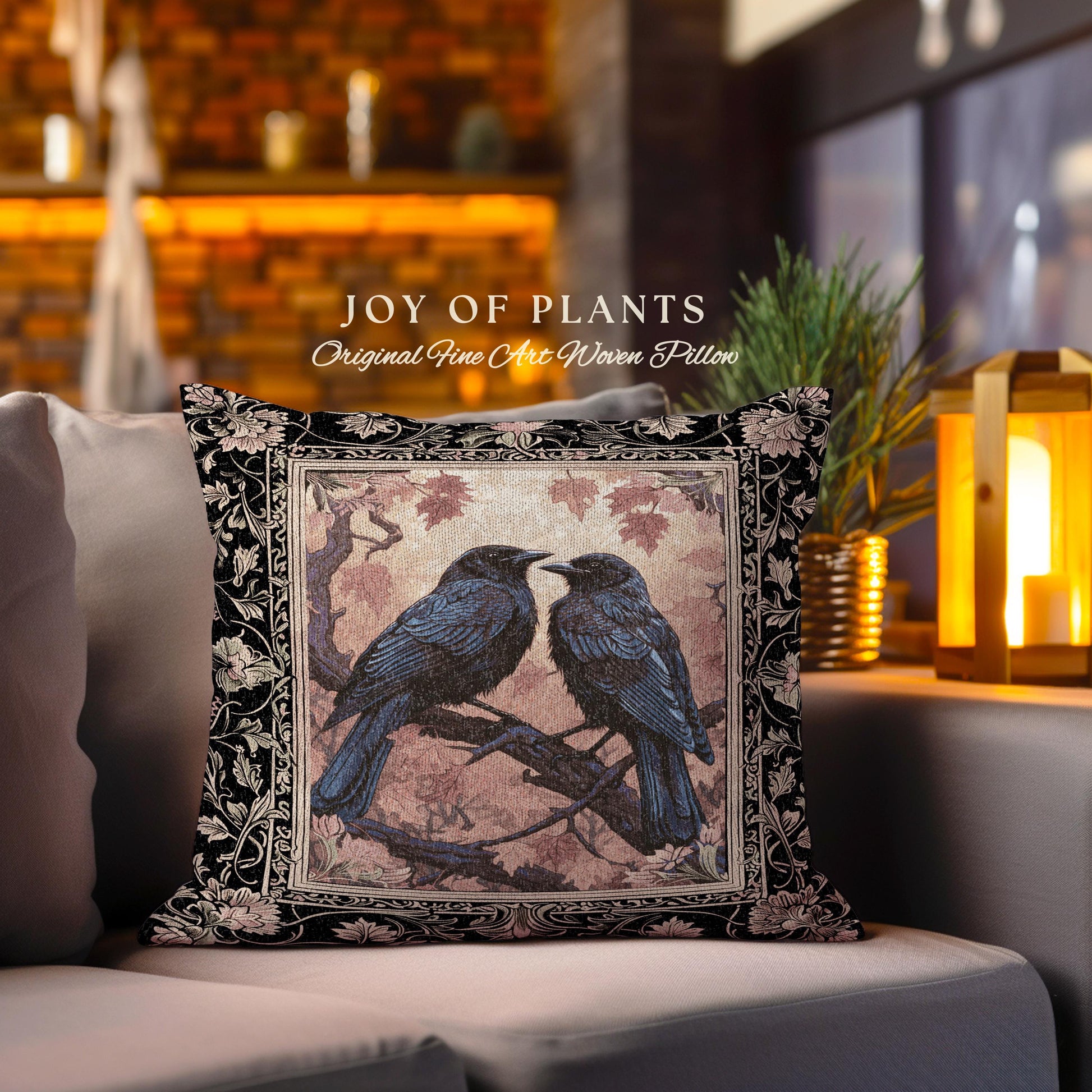 Raven Lover Birds Pillow Woodland Gothic Woven Tapestry Cushion Whimsigothic Decor | Crowcore Witchy Cottagecore Crow Art Home Decor Gifts