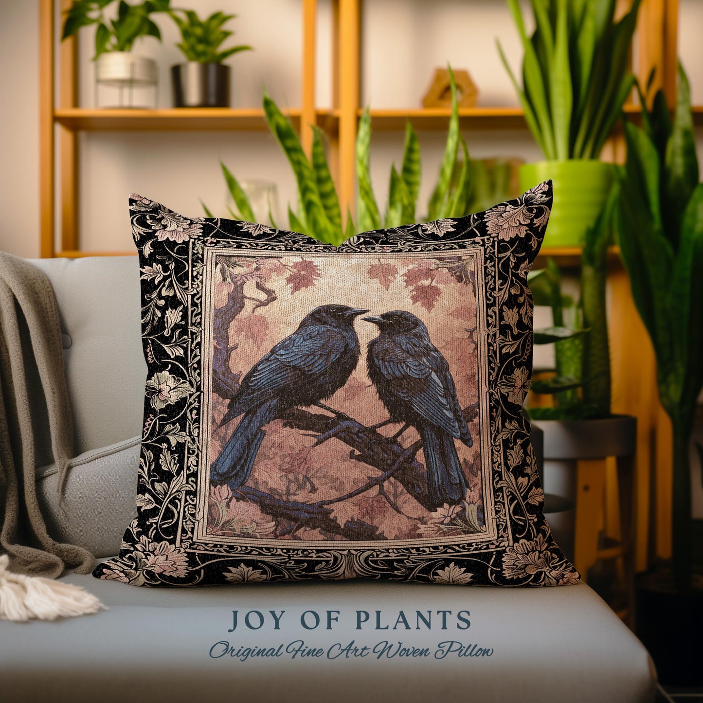 Raven Lover Birds Pillow Woodland Gothic Woven Tapestry Cushion Whimsigothic Decor | Crowcore Witchy Cottagecore Crow Art Home Decor Gifts