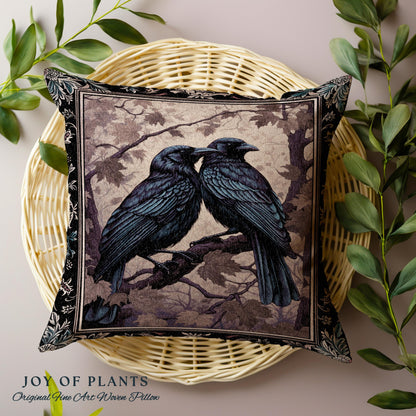 Woodland Gothic Woven Raven Tapestry Cushion Victorian Crowcore Art Decor | Whimsigothic Forestcore Crow Lovers Vintage Witchy Aesthetic