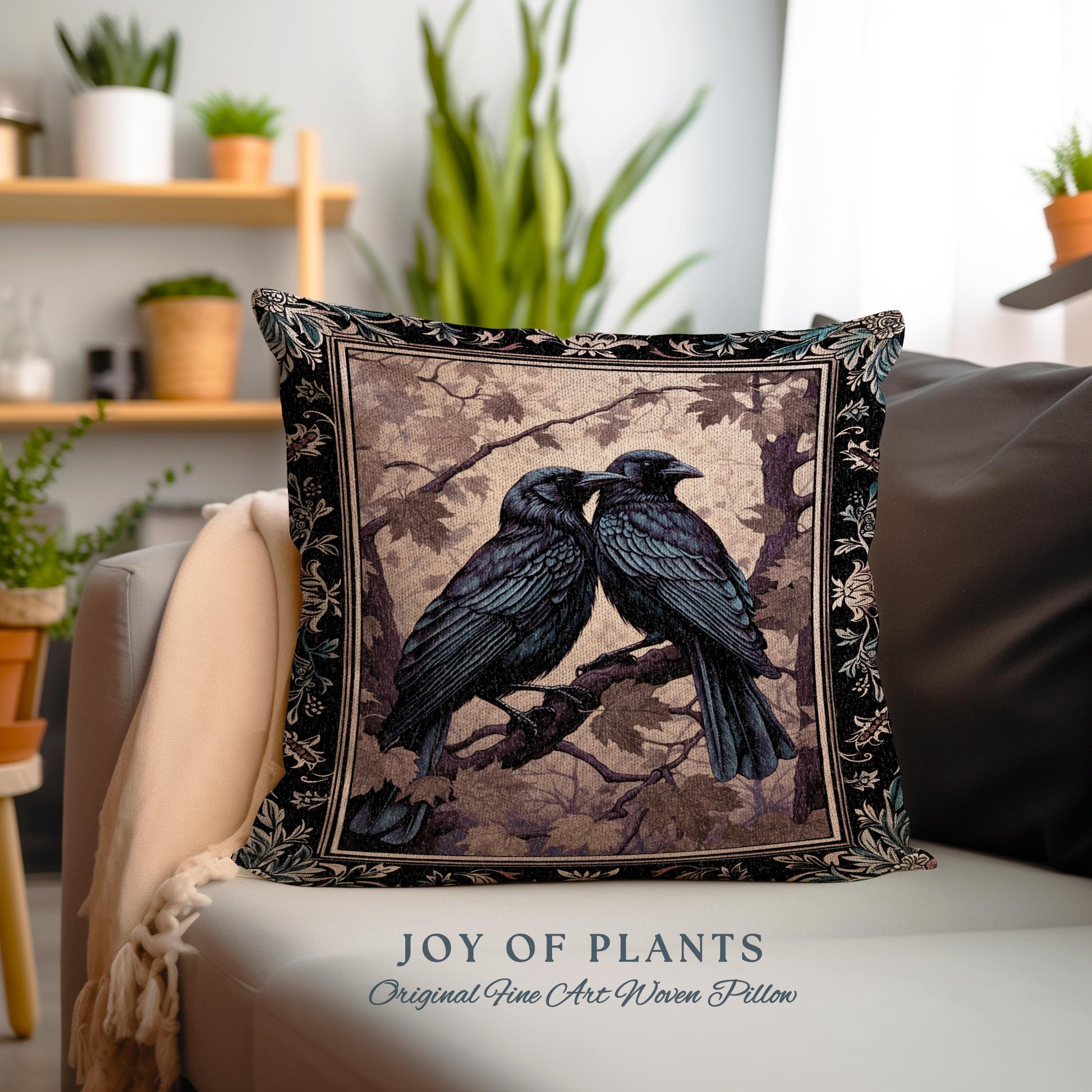 Woodland Gothic Woven Raven Tapestry Cushion Victorian Crowcore Art Decor | Whimsigothic Forestcore Crow Lovers Vintage Witchy Aesthetic