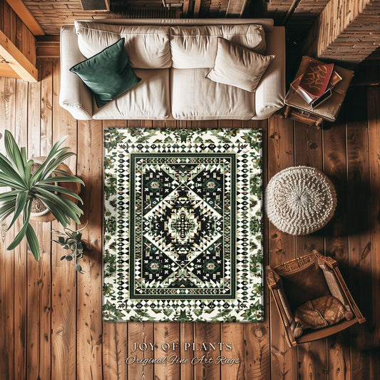 Rustic Olive Green Green Geometric Rug | Midcentury Aesthetic Room Decor Ornate Victorian Floor Rug Scandinavian Bedroom Accent Rug Nordic