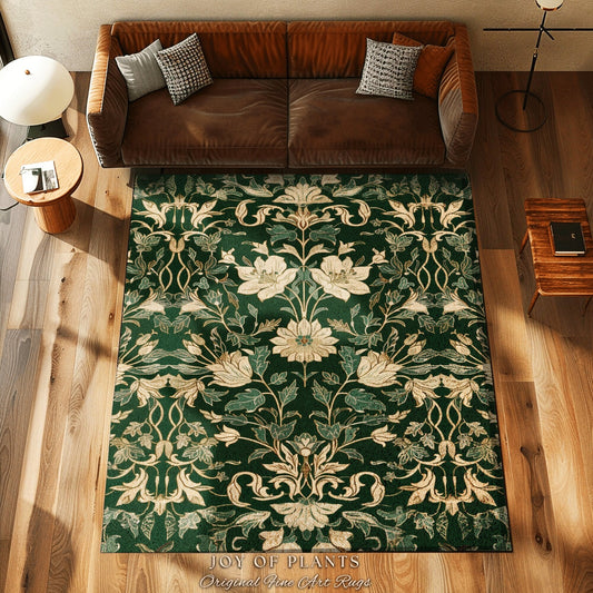 Soft Cottagecore Vintage Botanical Rug Boho Bedroom Decor | Retro Woodland Gothic Floral Green Bohemian Rug Whimsical Fairycore Room Decor