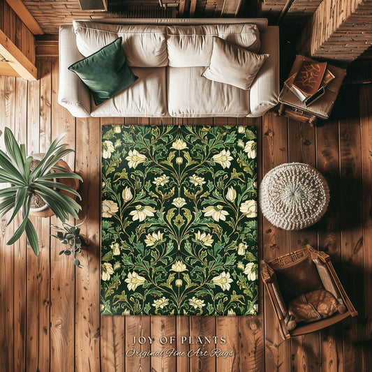 Victorian Gothic Floral Forest Green Rug Dark Botanical Art Nouveau Decor | Whimsical Room Vintage Cottagecore Woodland Fairycore Area Rug