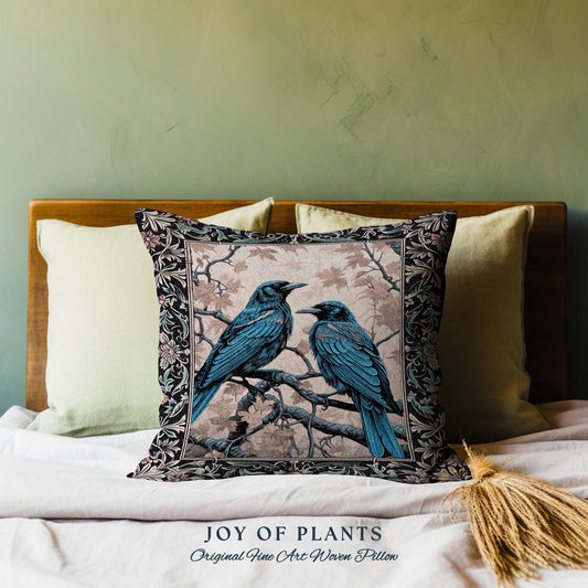 Whimsical Cottagecore Raven Throw Pillow Crowcore Art Woven Tapestry Cushion | Woodland Gothic Crow Lovers Decor Cozy Whimsigoth Home Decor