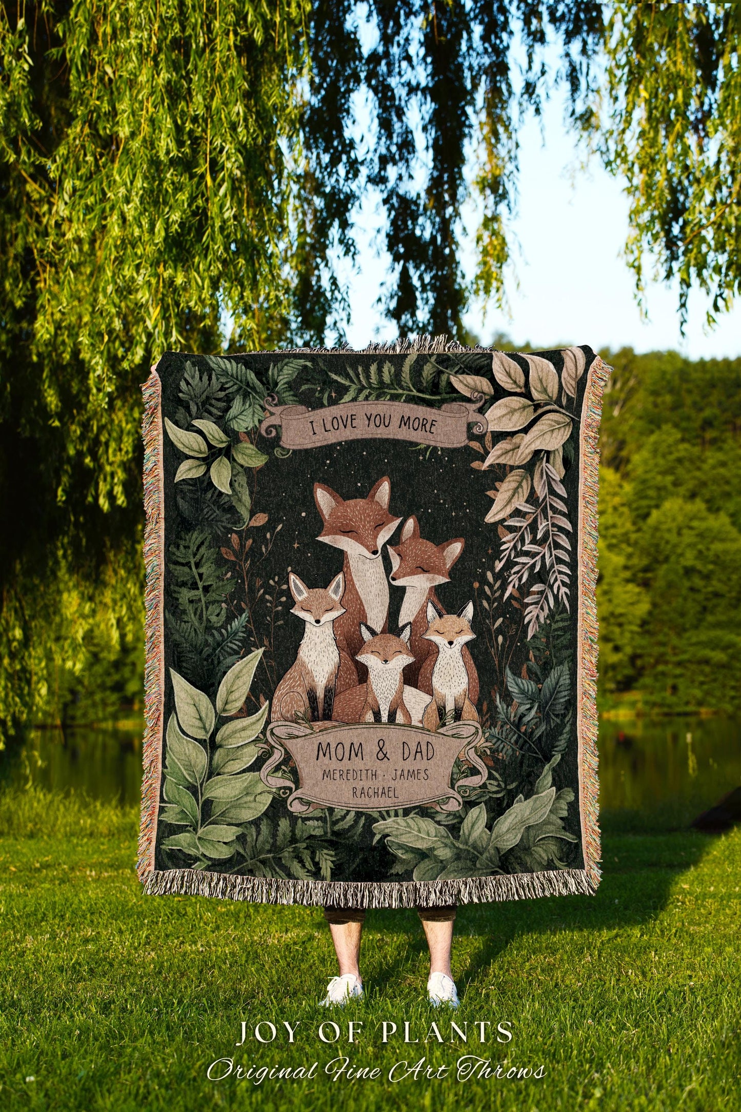 I Love You More Custom Fox Family Blanket Woodland Tapestry Throw, Personalized with Names Nature Lover Sentimental Gift for Parents & Kids