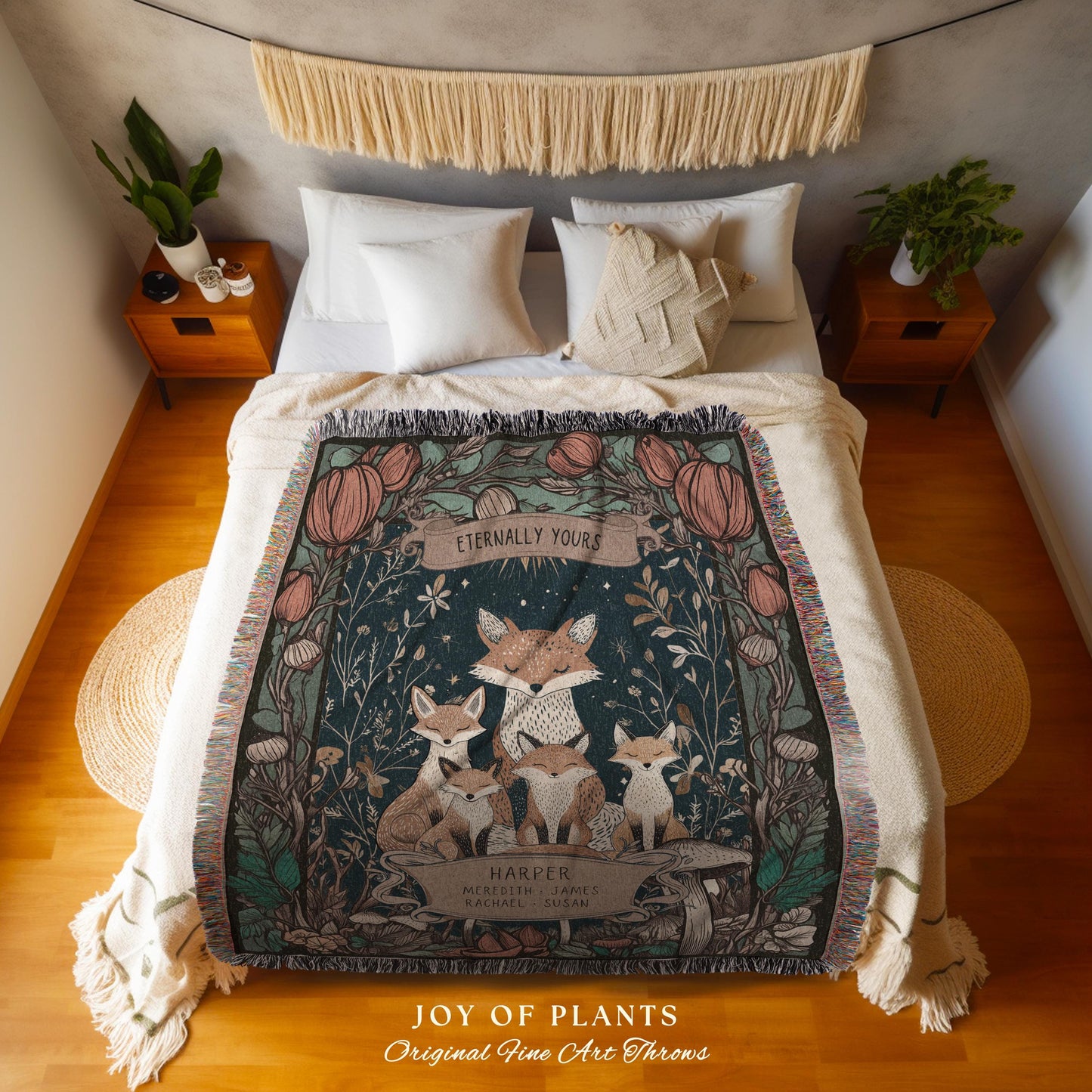 Eternally Yours Custom Fox Family Blanket with Names Cozy Woodland Decor, Personalized Cottagecore Throw Sentimental Gift for Parent & Child