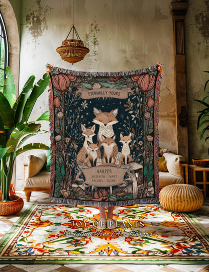 Eternally Yours Custom Fox Family Blanket with Names Cozy Woodland Decor, Personalized Cottagecore Throw Sentimental Gift for Parent & Child