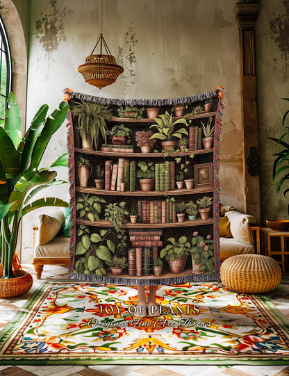 Botanical Bookshelf Blanket Boho Cottagecore Book Nook Decor, Cozy Plant Lover Reading Corner Art Vintage Library Aesthetic Tapestry Throw