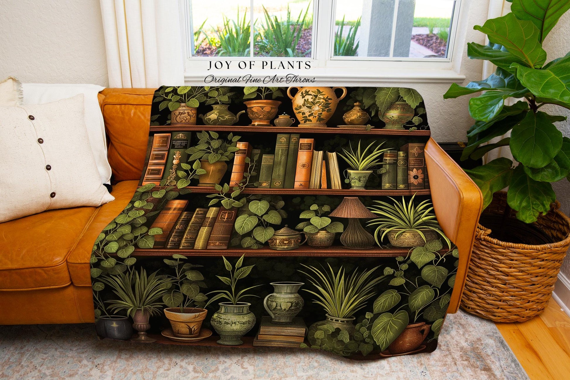 Rustic Bookshelf Plant Blanket Vintage Literary Art Cozy Bookworm Gift, Antique Cottagecore Aesthetic Reading Nook Academia Tapestry Throw