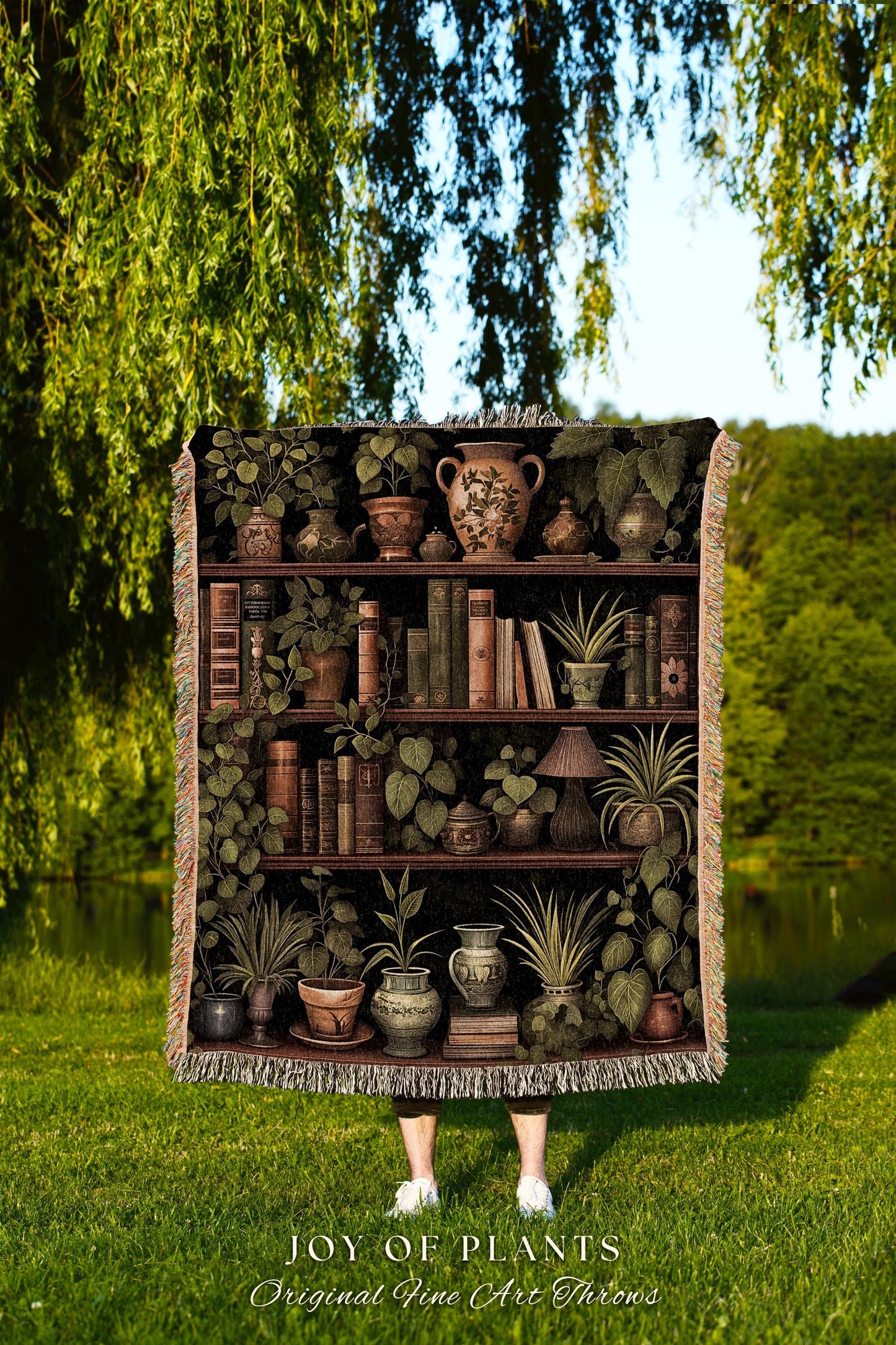 Rustic Bookshelf Plant Blanket Vintage Literary Art Cozy Bookworm Gift, Antique Cottagecore Aesthetic Reading Nook Academia Tapestry Throw