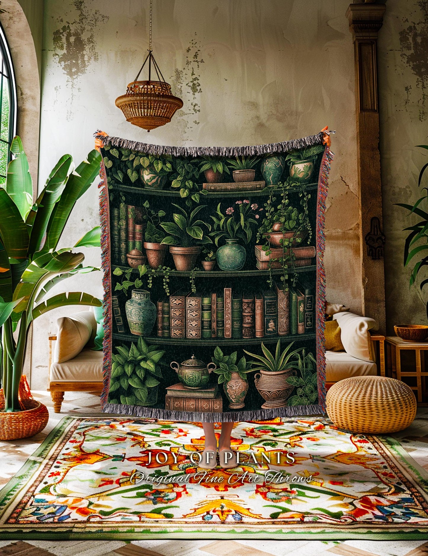 Whimsical Botanical Bookcase Blanket Bohemian Cottagecore Decor, Cozy Plant Lovers Library Themed Bookish Art Dark Academia Tapestry Throw